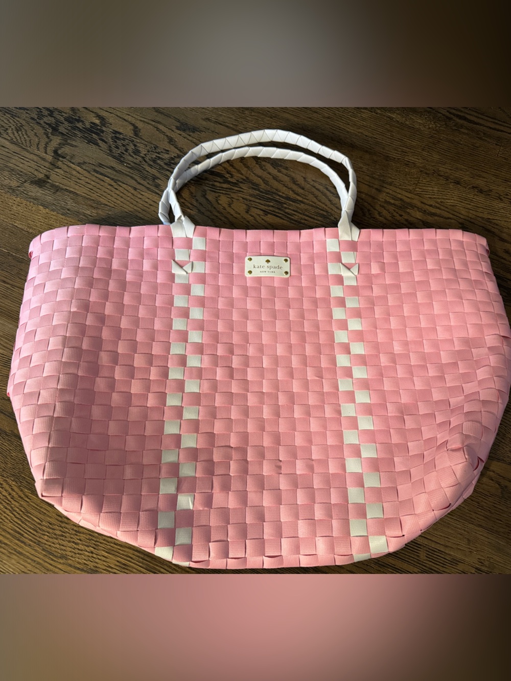 Kate Spade Pink Woven Tote Bag with White Accents